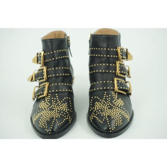 Chloe Suzanna Black Leather copper Studded Ankle Boot Size 35 $1380 Belted - Picture 7 of 11
